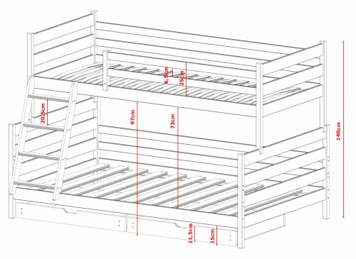 FAMI 90x200/120x200 olive green bunk bed with wider lower deck Lano Furniture