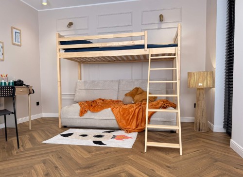 SAVIO 90x200/140x200 light grey loft bed with fold-out sofa, beige perfect harmony 02 fabric Lano Furniture