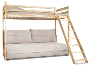 SAVIO 90x200/140x200 pine loft bed with pull-out sofa in beige fabric poso 38 Lano Furniture