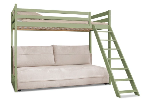 SAVIO 90x200/140x200 olive green loft bed with fold-out sofa, beige perfect harmony 02 fabric Lano Furniture