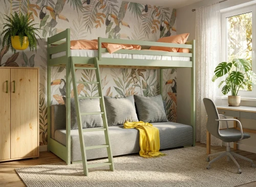 SOFINO 90x200/140x200 olive green loft bed with sofa bed, fabric grey zoom 15 sage Lano Furniture