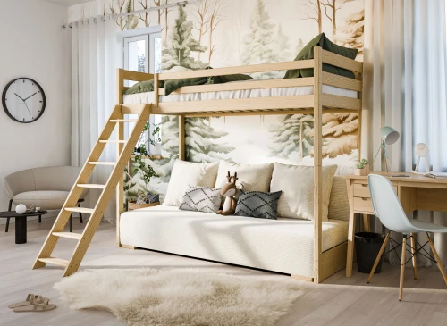 SOFINO 90x200/140x200 pine loft bed with sofa bed in beige fabric poso 38 Lano Furniture