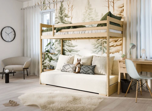 SOFINO 90x200/140x200 pine loft bed with sofa bed in beige fabric poso 38 Lano Furniture