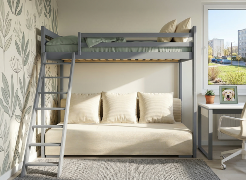 SOFINO 90x200/140x200 graphite loft bed with sofa bed in beige fabric poso 38 Lano Furniture