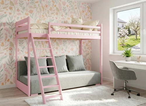 SOFINO 90x200/140x200 pink loft bed with sofa bed, grey fabric Zoom 15 Sage Lano Furniture