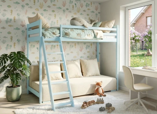 SOFINO 90x200/140x200 blue loft bed with sofa bed in beige fabric poso 38 Lano Furniture