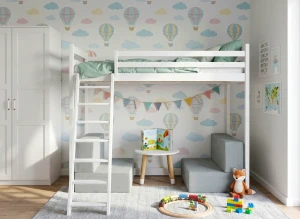 SOFENA 90x200 white loft bed with modular sofa, gray fabric, zoom 15 sage Lano Furniture