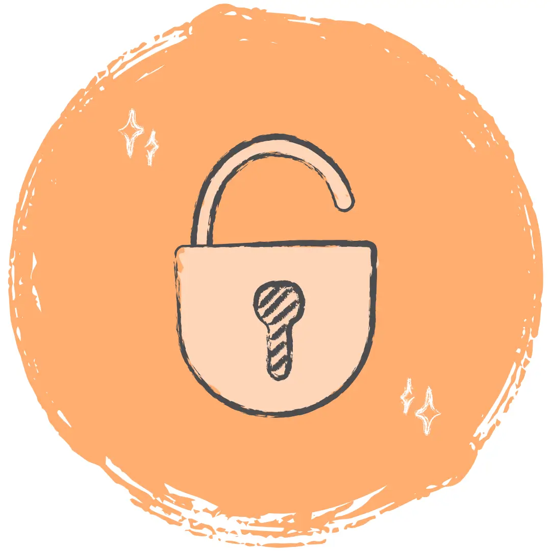 Grey chalk drawing of an open padlock on an orange circular background